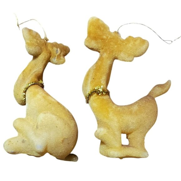 2 Vintage Flocked Moose Christmas Ornaments Reindeer Google Eyes Gold Bell 4.5" - Picture 3 of 16